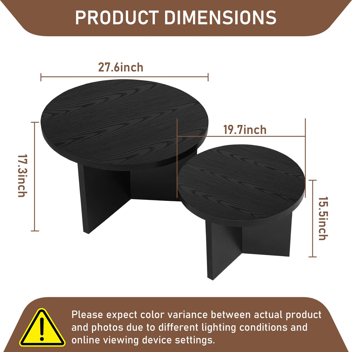 QuicMiou Round Nesting Coffee Table Set of 2, Modern Stacking Table with Wood Grain Finish, End Table Side Tables for Living Room (Black) QuicMiou