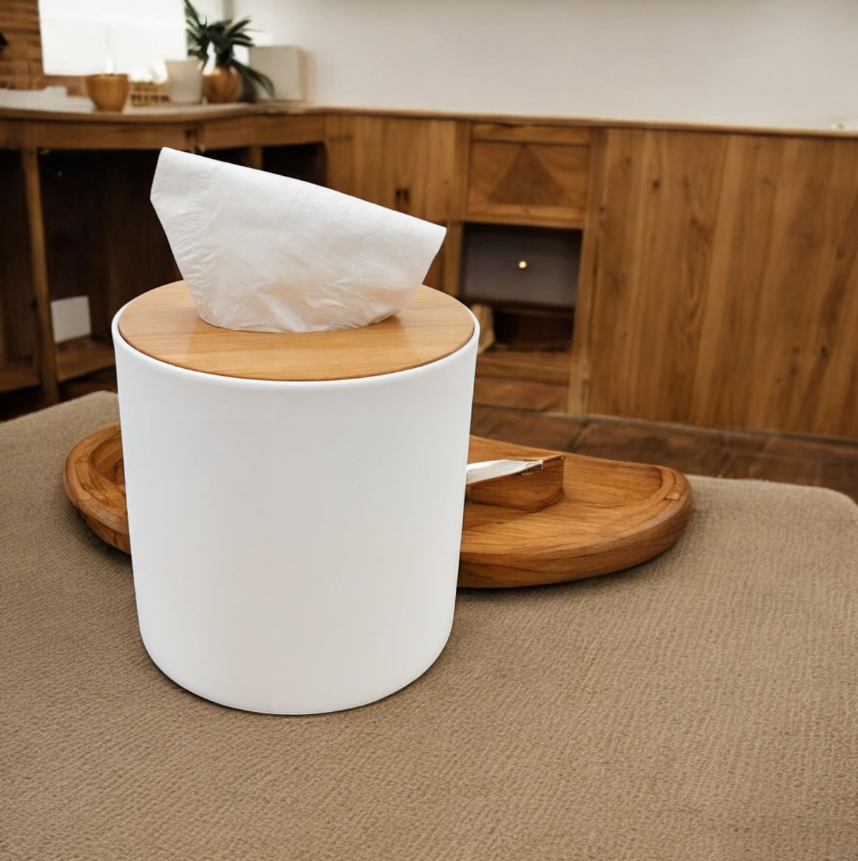 Bamboo Lid Round Tissue Holder Box 5x5'' – Decorative Toilet Paper Roll Dispenser & Dryer Sheet Case – Space-Saving Wood Organizer for Bathroom - for Paper Rolls Under 5 inches only BuleVina