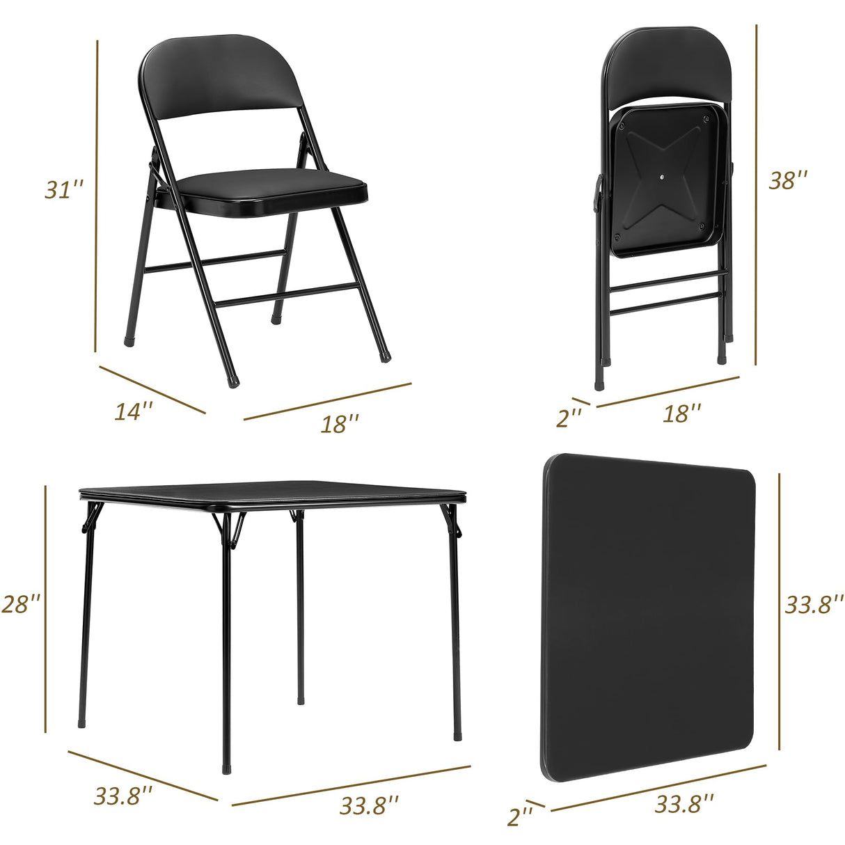 VECELO Folding Card Table and Chair Set of 5 Portable with Padded Tabletop, No Assembly Required, Black VECELO