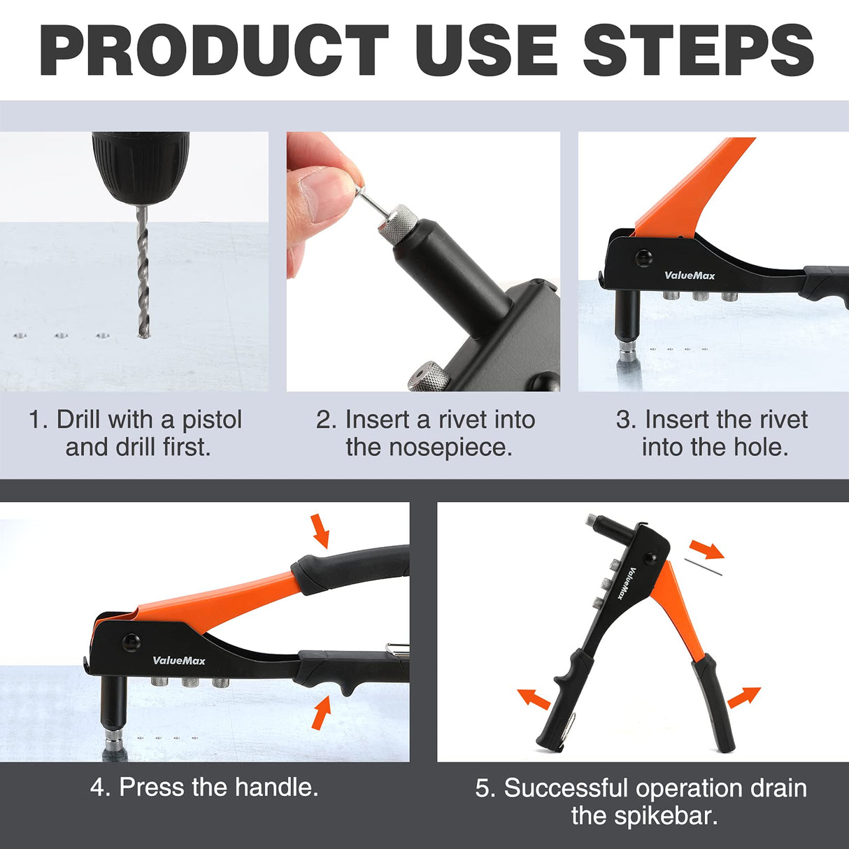 ValueMax 4-in-1 Hand Riveter/Rivet Gun, Pop Rivet Tool Kit with 200 Rivets - 3/32-inch, 1/8-inch, 5/32-inch, 3/16-inch, 4 Interchangeable Nosepieces, Suitable for Metal ValueMax