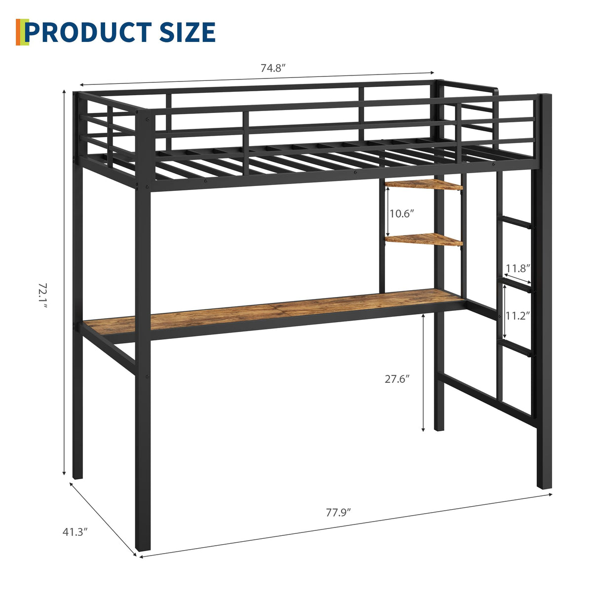 SLEKVERSA Twin Size Loft Bed with Large Desk and Storage Shelves, Metal Loft Bed with Safety Guardrail and Ladder for Kids and Adults, Space Saving, for Living Room, Bedroom, Black and Brown SLEKVERSA
