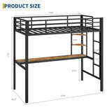 SLEKVERSA Twin Size Loft Bed with Large Desk and Storage Shelves, Metal Loft Bed with Safety Guardrail and Ladder for Kids and Adults, Space Saving, for Living Room, Bedroom, Black and Brown SLEKVERSA