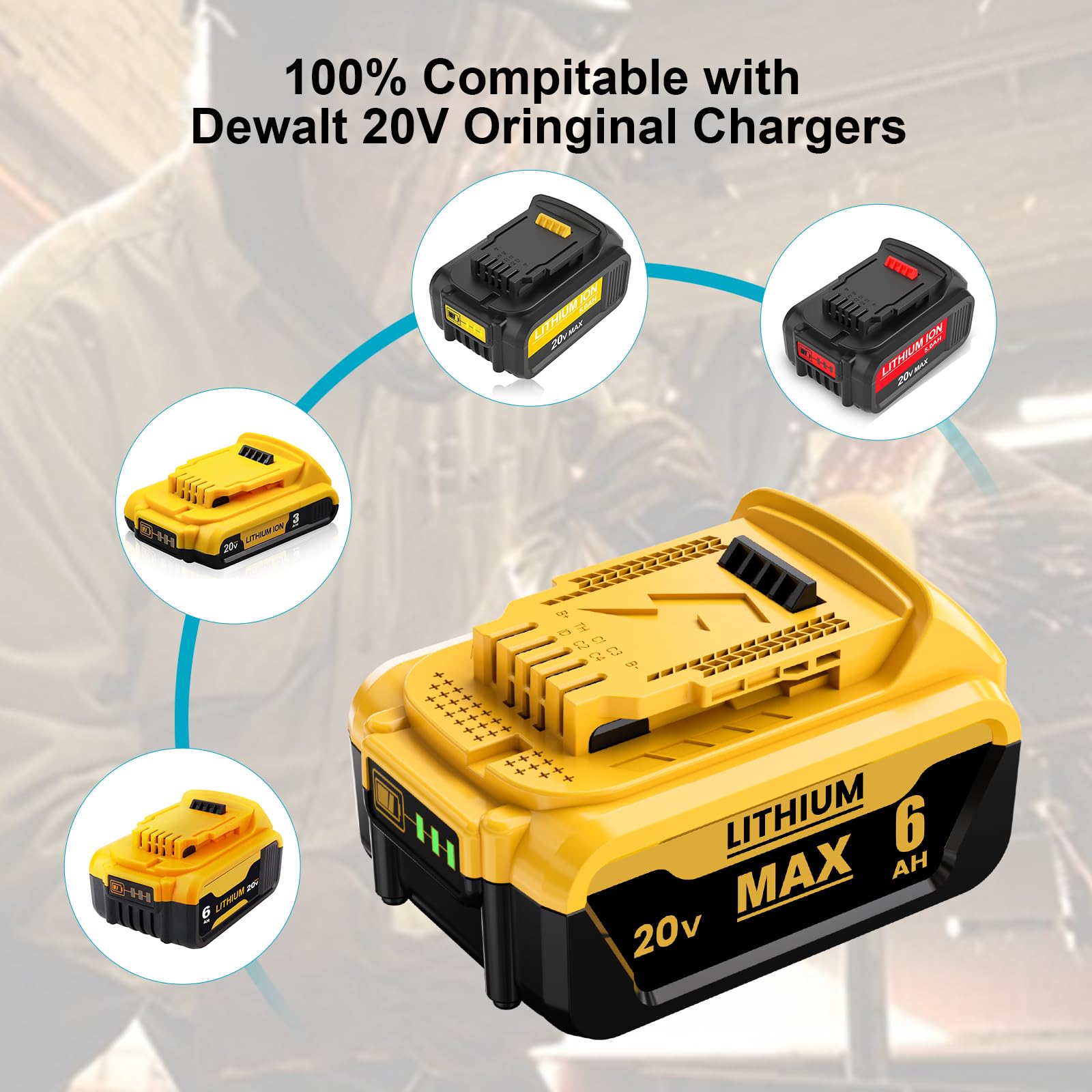 BEKBEKWAY 6.0Ah Replacement for Dewalt 20V Max Battery Compatible with Dewalt 20v Battery Lithium-ion Battery DCB200 DCB205 DCB207 DCB204 DCB201 DCB200 Series Power Tools 4Packs (Yellow) - WoodArtSupply