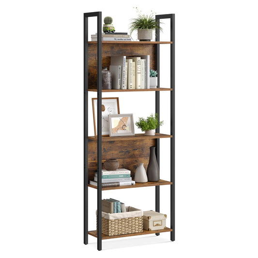 VASAGLE 5-Tier Bookshelf, Book Shelf, Industrial Bookcase, with Steel Frame, for Living Room, Home Office, Bedroom, 9.4 x 24.4 x 65 Inches, Rustic Brown and Black ULLS025B01