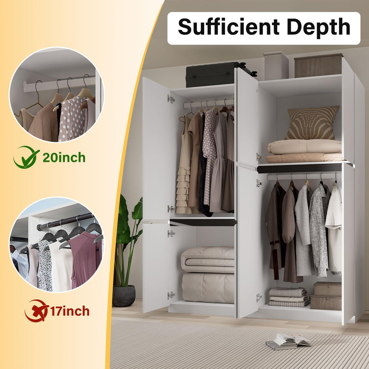 Wakefit 4 Doors Armoire Closet, Wooden Bedroom Armoires with Hanging Rod, Wardrobe Closet with Doors, Freestanding Wardrobe Cabinet for Bedroom, Guest Room, White(20.4" D x 63" W x 74.8" H) Wakefit