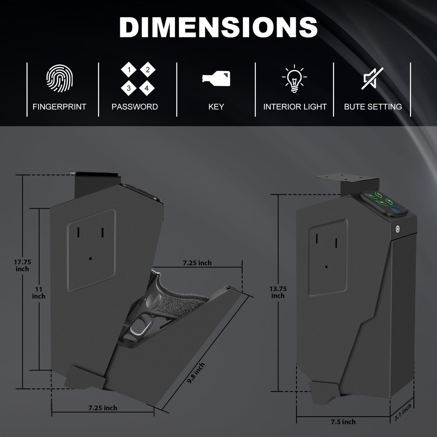 Biometric Handgun Gun Safe for Nightstand, Desk, Bed Side, Wall,Truck - Auto Open Fingerprint Hidden Safe for Pistols -with Fingerprint, Backlit Keypad, KEY Access - WoodArtSupply