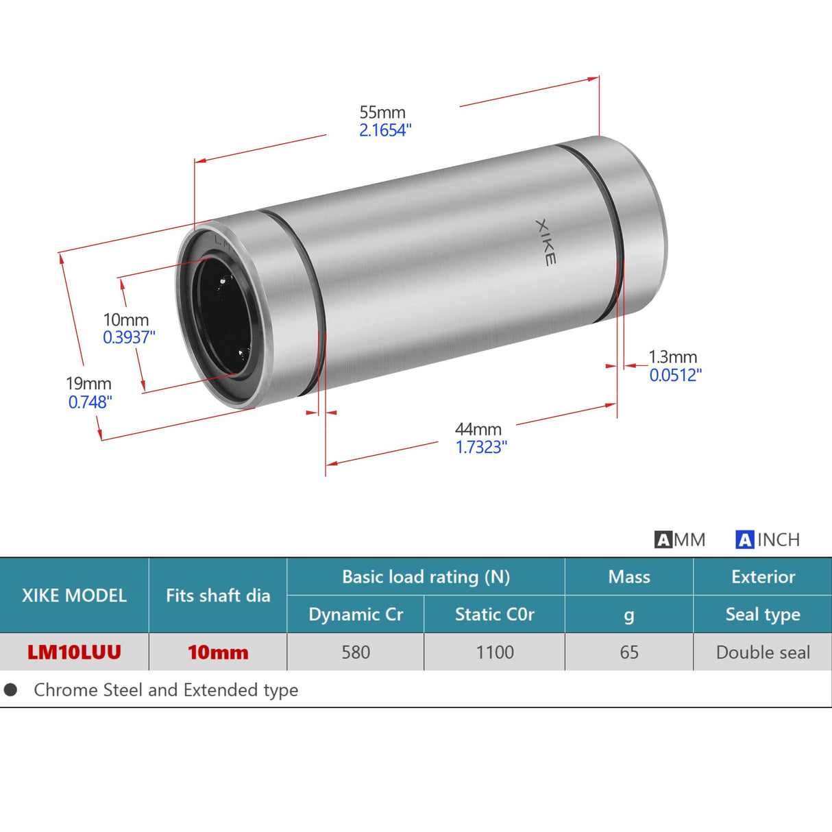 XIKE 2 Pcs LM10LUU Sealed Lengthen Linear Ball Bearings 10x19x55mm,Fits DIY/3D Printer/Workbench/CNC, M4 Rod Shaft Guide Linear Motion System and SCS4LUU Linear Ball Bearings Block Slide Bushing. XIKE