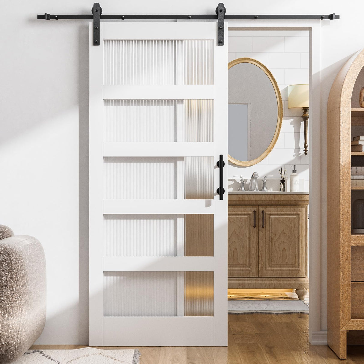 VINGLI 36in x 84in Glass Barn Door with 6.6ft Sliding Barn Door Hardware Kit &Handles, Pre-Drilled Holes Easy Assembly Solid Wood Slab White Sliding Door VINGLI