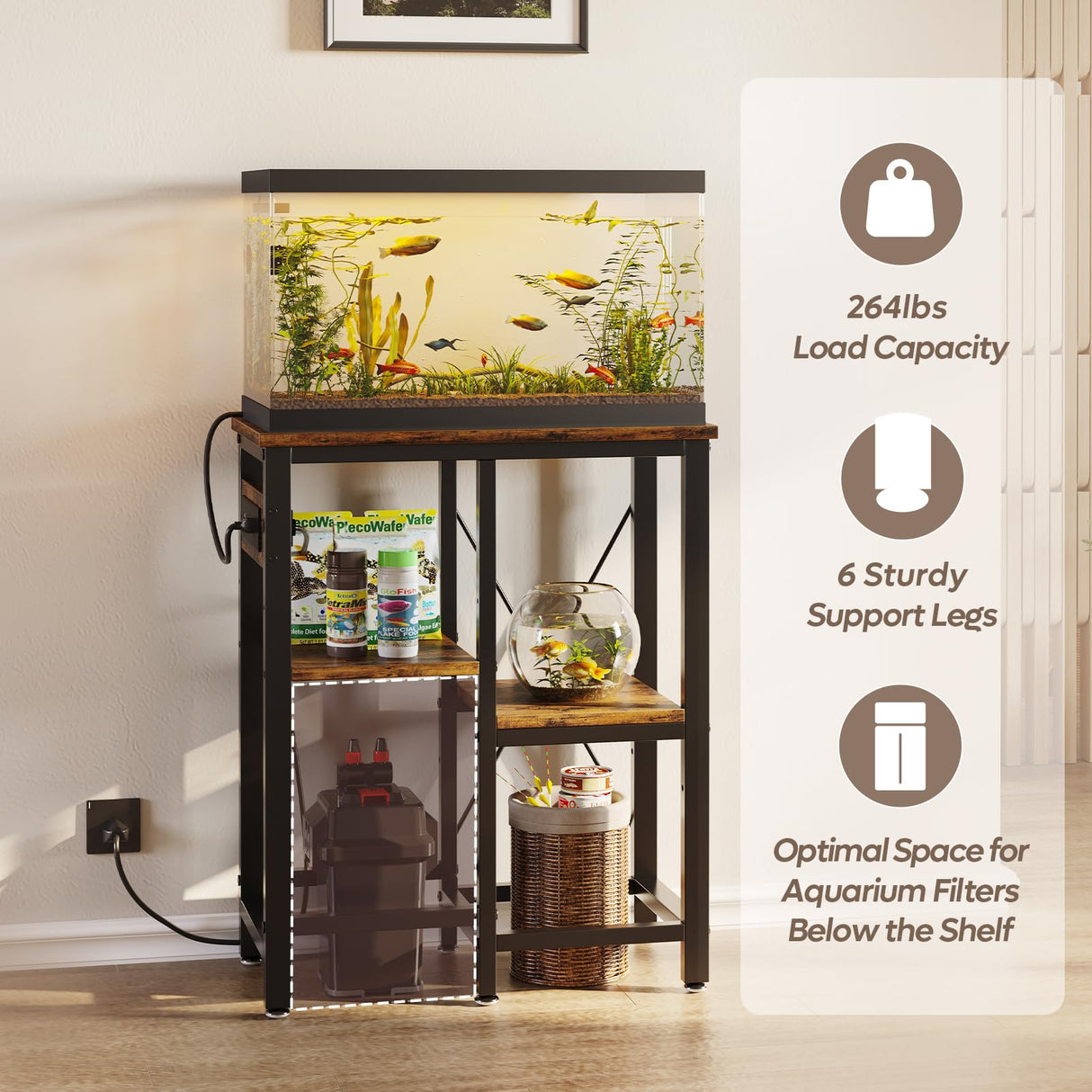 Bestier 10 Gallon Fish Tank Stand with Power Outlet, 20.3x10.6 Metal Aquarium Stand, 6-Leg Reptile Tank Stand with 3-Tier Adjustable Storage Shelves, 264LBS Capacity，Rustic Brown Bestier