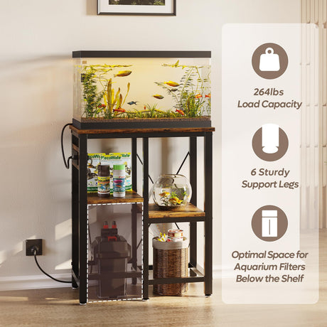Bestier 10 Gallon Fish Tank Stand with Power Outlet, 20.3x10.6 Metal Aquarium Stand, 6-Leg Reptile Tank Stand with 3-Tier Adjustable Storage Shelves, 264LBS Capacity，Rustic Brown Bestier