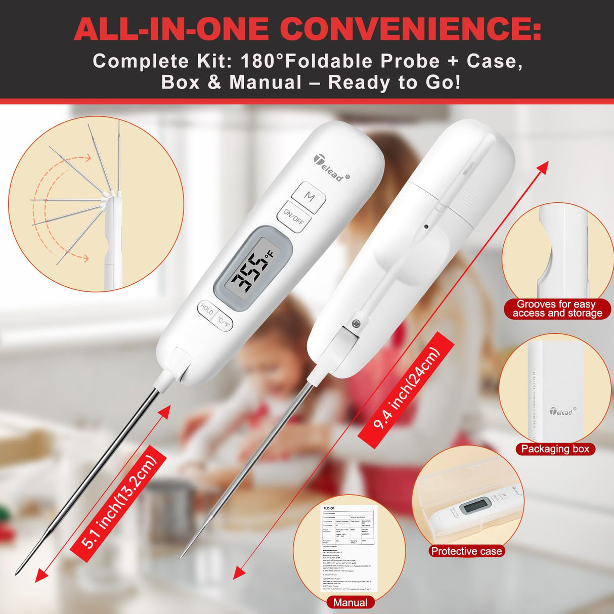 Telead Digital Water Thermometer for Liquid – Instant Read with Retractable Probe, Waterproof Probe for Cooking, Meat, BBQ, Milk & Candles, Safe & Hygienic Design, Long Stainless Steel Probe (White) Telead