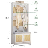 HOVANESTY Hall Tree with Bench and Shoe Storage, 5-in-1 Entryway Bench with Coat Rack, Padded Seat Cushion, 7 Tri-Hooks, Adjustable Shelf, Farmhouse Boho Furniture Organizer for Hallway, Rustic White HOVANESTY