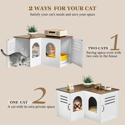 JanflyHome Corner Litter Box Enclosure for 2 Cats, Hidden Litter Box Furniture, Litter Box Cabinet with Double Room, Indoor Cat House End Table, 31.5 x 17.7 x 19.7 in, White