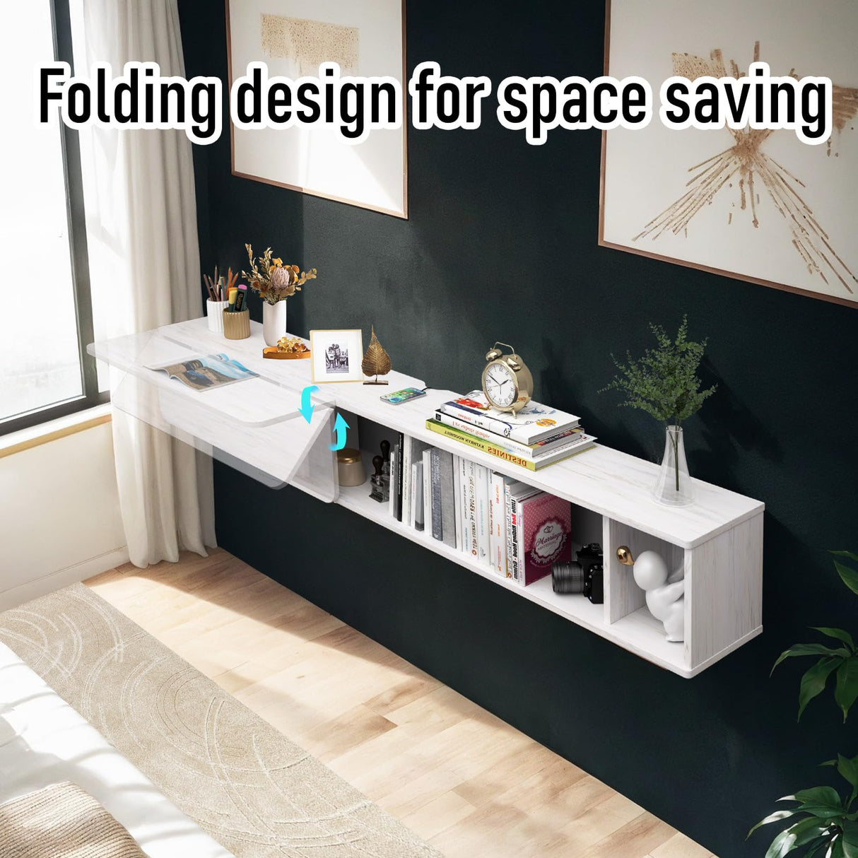 Pmnianhua 63'' Floating Desk with Storage Shelves,Wall Mounted Desk Laptop Computer Writing Study Table for Bedroom Small Space(White) Pmnianhua