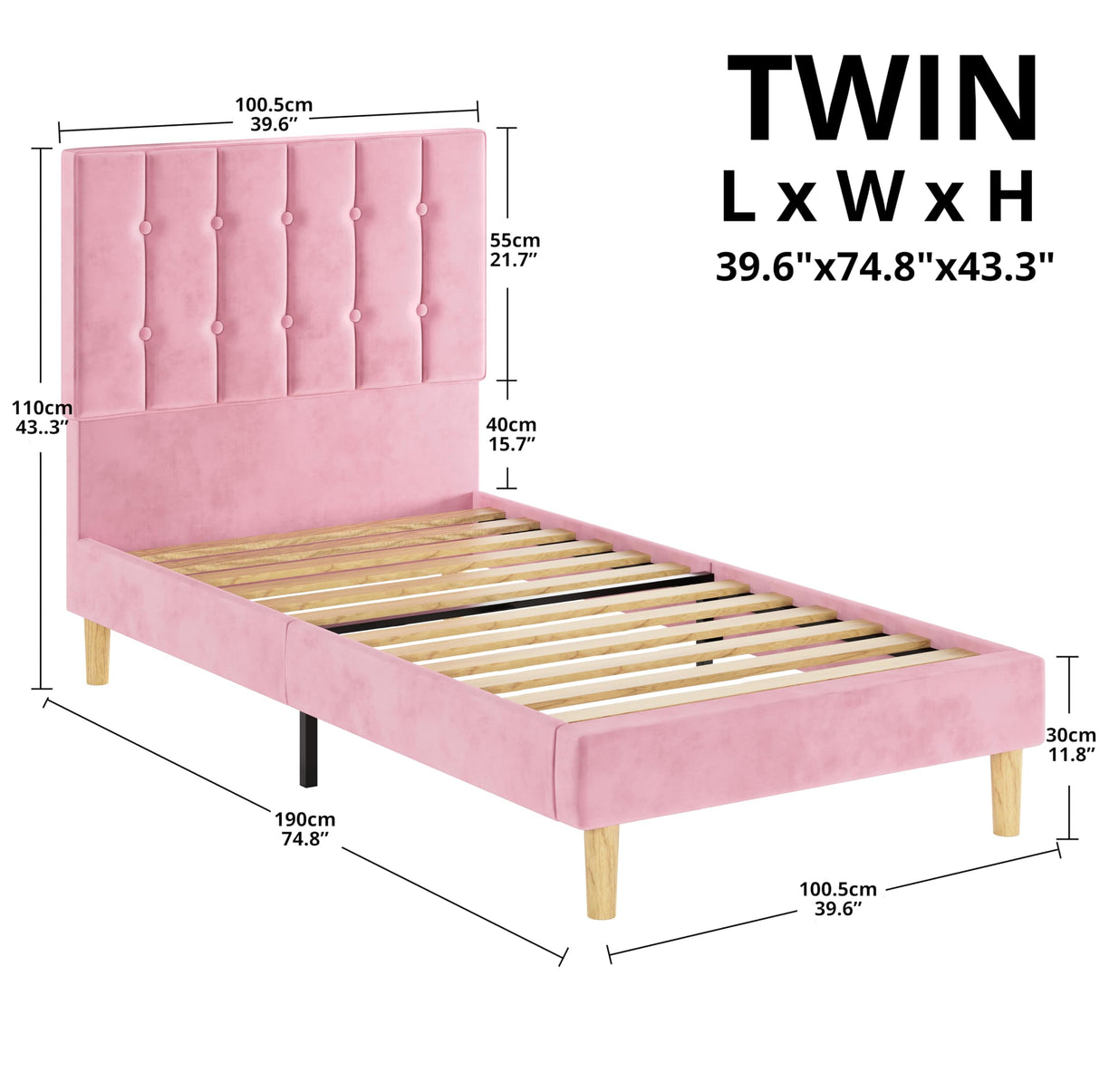 LIKIMIO Twin Bed Frames, Velvet Upholstered Platform Bed Frame with Headboard and Strong Wooden Slats, No Box Spring Needed/Noise-Free/Easy Assembly, Pink LIKIMIO