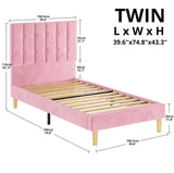 LIKIMIO Twin Bed Frames, Velvet Upholstered Platform Bed Frame with Headboard and Strong Wooden Slats, No Box Spring Needed/Noise-Free/Easy Assembly, Pink LIKIMIO