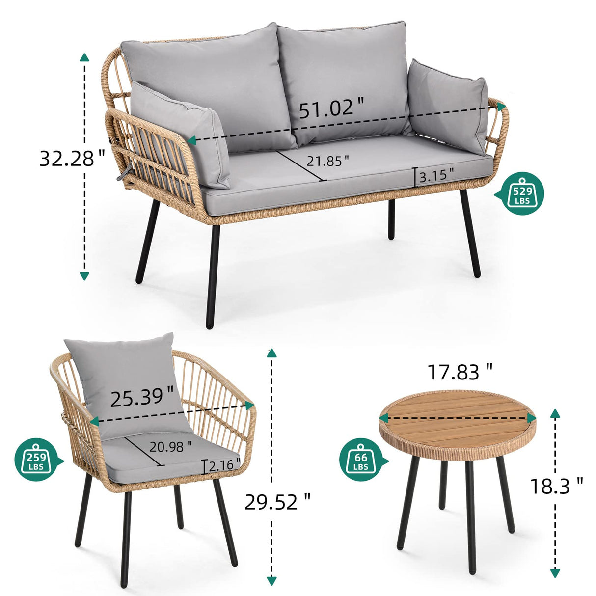 YITAHOME 4 Pieces Patio Furniture Set, Wicker Balcony Bistro Set, Outdoor All-Weather Rattan Conversation Set with Loveseat Chairs Table Soft Cushions for Backyard, Pool, Deck, Garden - Grey YITAHOME