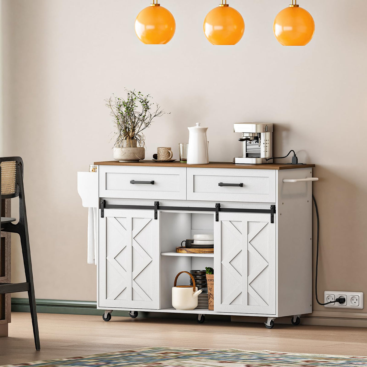 HOOBRO Kitchen Island with Storage, Power Outlet, Rolling Kitchen Island Cart on Wheels, with 2 Drawers, Sliding Barn Doors and Lockable Wheels, Farmhouse, White and Walnut WH28UZD01 HOOBRO