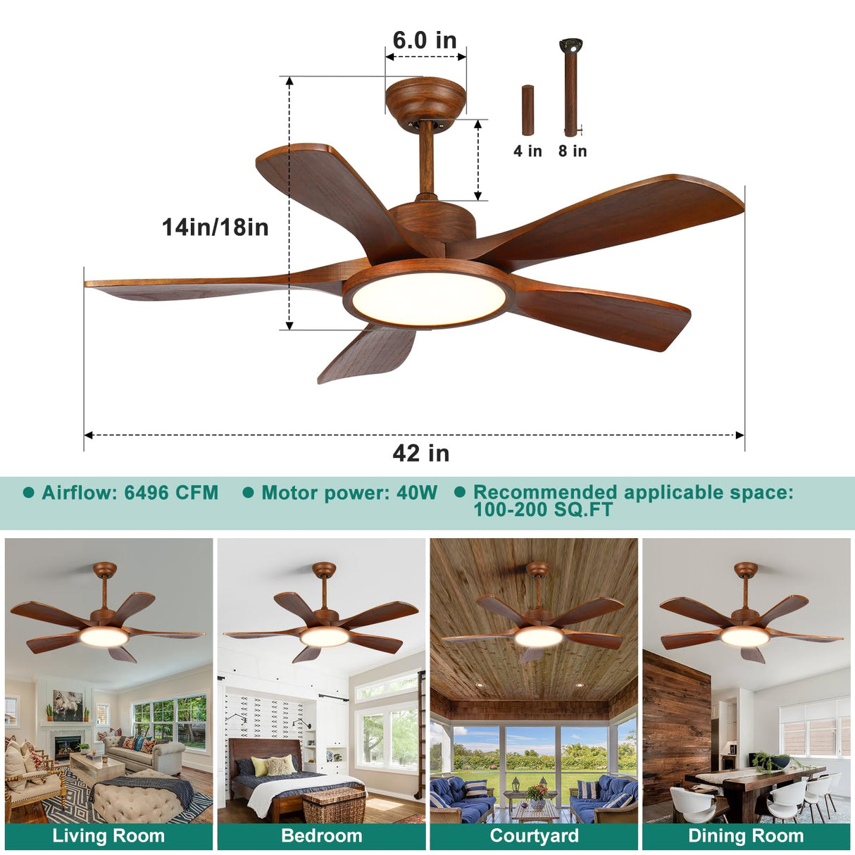 LINJO Outdoor Wood Ceiling Fan With Lights and Remote Control 5 Solid Wooden Blades 42 Inch Modern Farmhouse Ceiling Fan Light for Patios Living Room FCC Reversible DC Motor LINJO