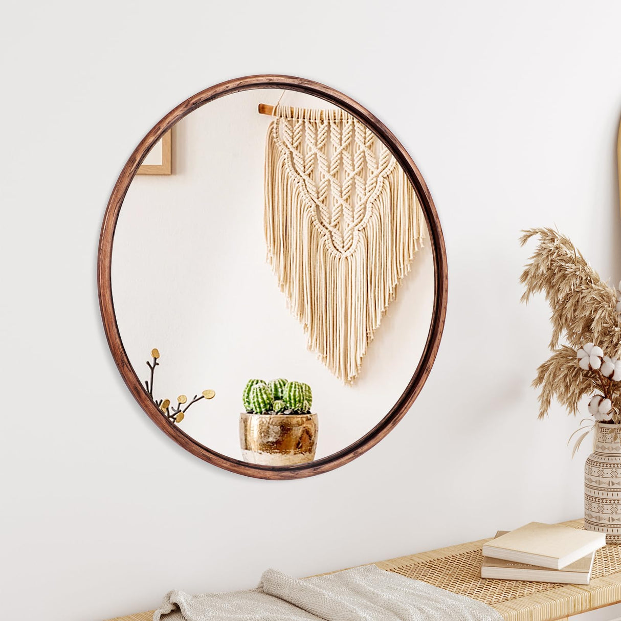 EssOAKence Round Solid Oak Wood Mirror, 24x24 Inch Medium Size, Walnut Frame, Modern Decorative Wall Makeup Mirror for Bathroom, Bedroom, Living Room(Walnut, 24" x 24") EssOAKence