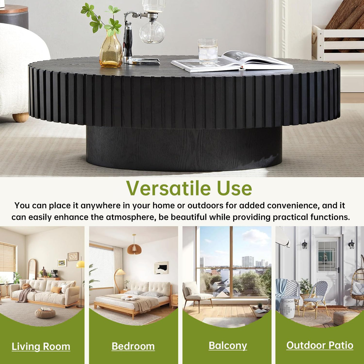 Drum Oval Coffee Table Black Wood Coffee Table Mid Century Rustic Coffee Table Irregular Elliptical Coffee Table Olive Pedestal Coffee Table for Farmhouse Living Room (Black, 44*24*14 inch) WUPDPQS