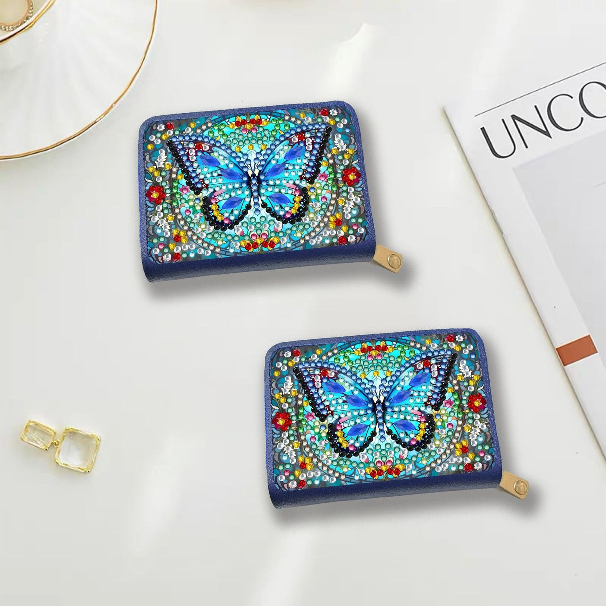 yzARTche Diamond Art Painting Credit Card Wallet, RFID Blocking Gem Art Leather Zipper Card Holder Wallet for Women-02-Blue Butterfly yzARTche