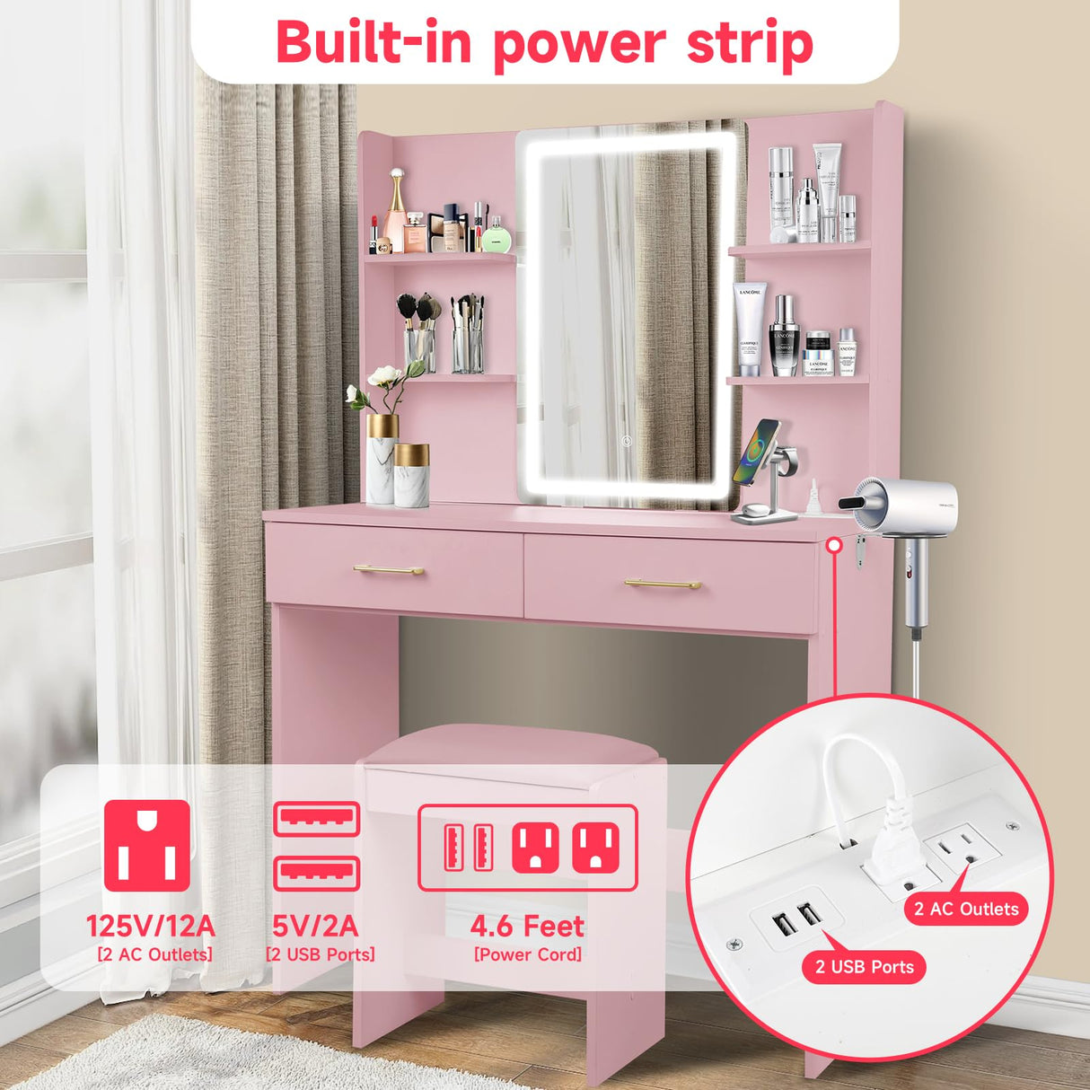 QUALIKRAFT Vanity Set with Mirror and Stool and Lights, Vanity Desk with Mirror & Power Outlet, Vanity Desk with Drawers, Pink Vanity with Lighted Mirror, Dressing Table Set with 2 Large Drawers QUALIKRAFT
