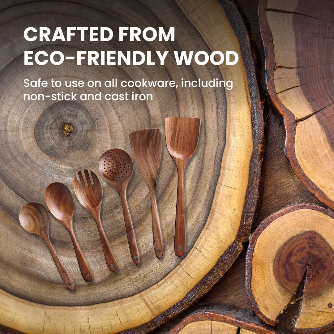 6 Piece Wooden Utensil Set for Cooking – Wooden Kitchen Utensils Set with Wooden Spoons, Spatulas, and Ladle – Non-Toxic Wooden Cooking Utensils, Perfect for Cast Iron & Non-Stick Cookware Shalinindia