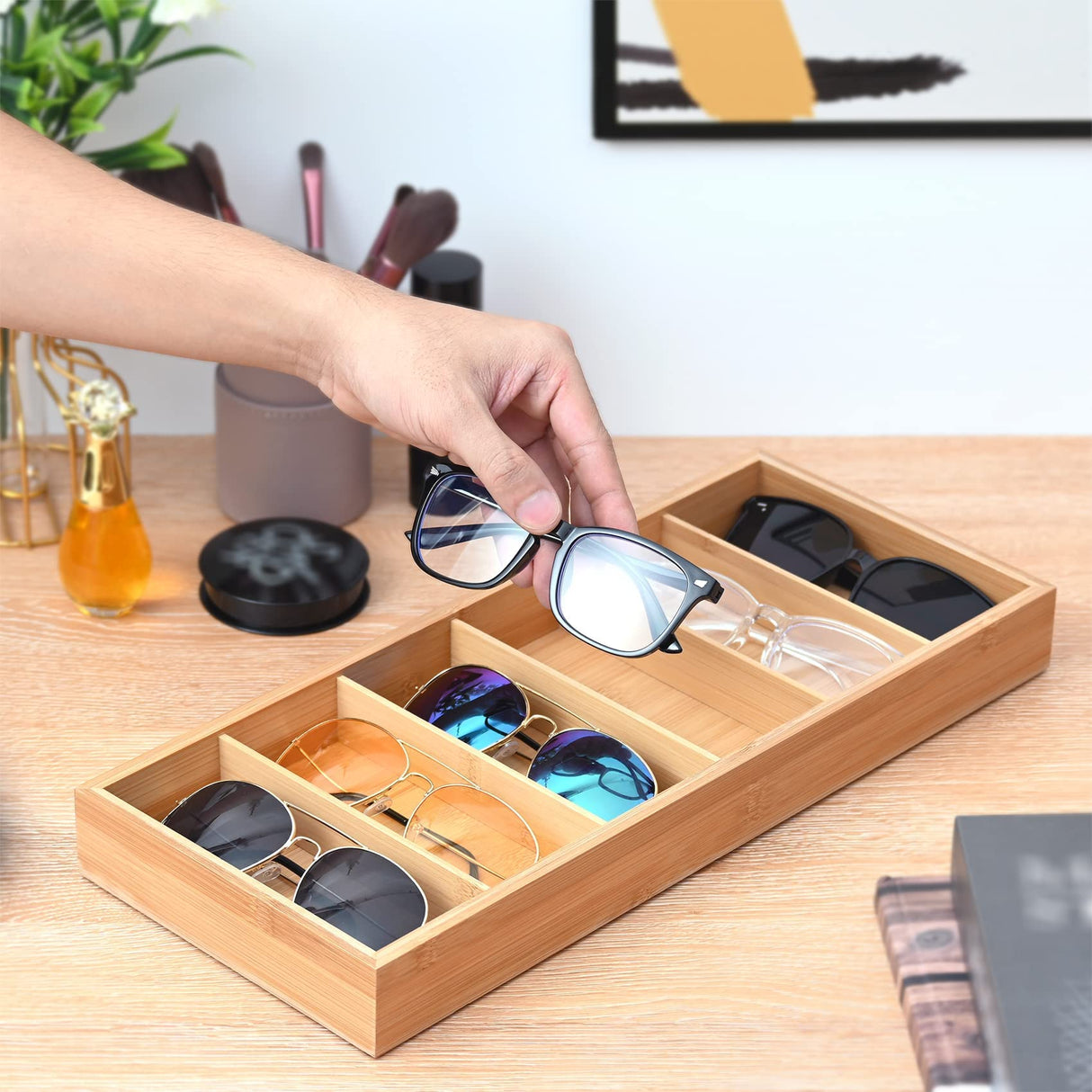 Lunavita 6-Slot Sunglasses Organizer Tray, Sunglasses Storage Case, Eyeglass Display Eyewear Display Box,Jewelery Display Organizer Tray, Natural Bamboo Lunavita