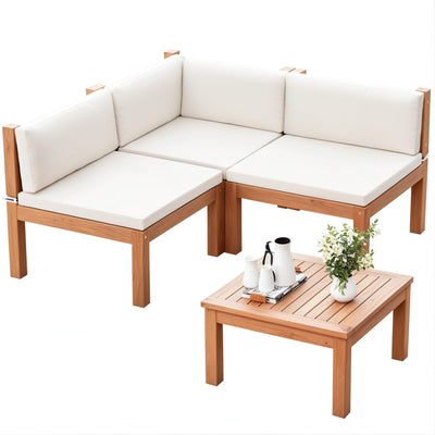 Devoko 4 Pieces Outdoor Sectional Couch Patio Sectional Sofa with Acacia Wood Coffee Table, Outdoor L-Shaped Couch with All-Weather Cushion for Patio,Deck,Backyard(White)