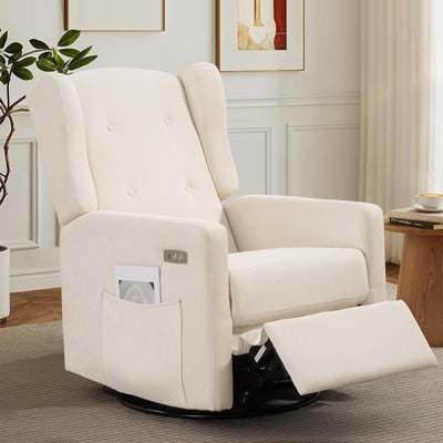 LONWIK Power Swivel Recliner Chair for Adults, Electric Chenille Nursery Rocking Glider Chair with USB and Type-C Ports, Wide Rocker for Living Room, Bedroom, Beige
