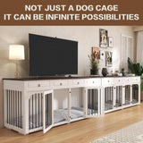 86.6" Large Dog Crate Furniture for 2 Dogs,XXXL Wooden Furniture Style Double Dog Crates Kennel Cage TV Stand End Table with 4 Drawers Divider Locks,White Pitmoto