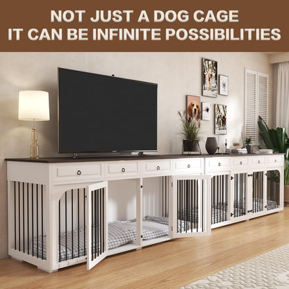 86.6" Large Dog Crate Furniture for 2 Dogs,XXXL Wooden Furniture Style Double Dog Crates Kennel Cage TV Stand End Table with 4 Drawers Divider Locks,White