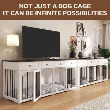 86.6" Extra Large Dog Crate Furniture for Large Breeds,XXXL Wooden Double Dog Crates Kennel Cage Furniture Style TV Stand Side End Table for 2 Dogs with Divider Locks and 4 Drawers,White Pitmoto