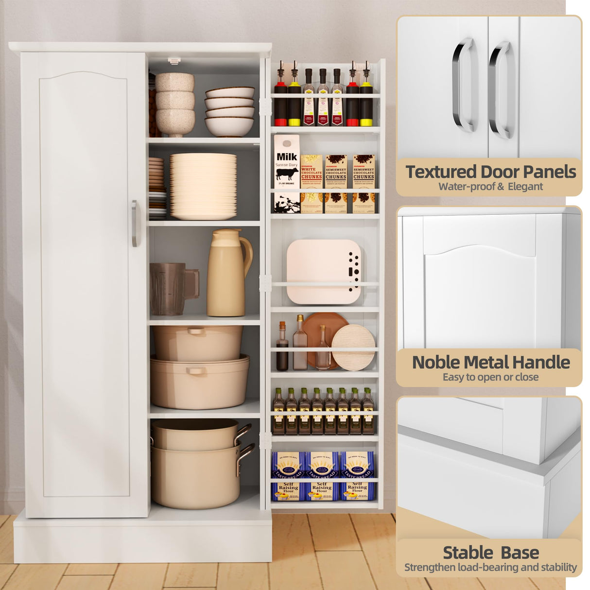 kepptory Kitchen Pantry Cabinet, Pantry Storage Cabinet with Adjustable Shelves and Drawer, Sideboard Buffet Cupboards Storage Shelf for Home Office Use (White, 16" D x 24" W x 47" H) kepptory