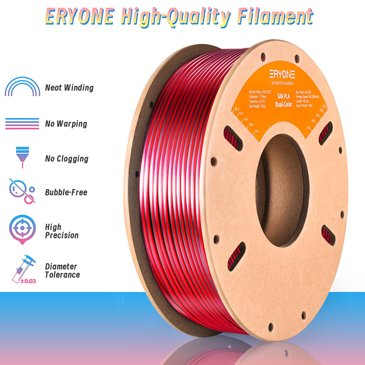 ERYONE Silk Dual Color PLA Filament 3D Printer 1.75mm +/- 0.03mm, Bicolor Filament Two Tone PLA 250G(0.55lbs) Cardboard Spool, Black Red ERYONE