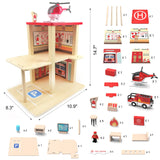 BBtinker Wooden Fire Station Playset, Multicolor 3-Level Pretend Play Dollhouse with Figures, Truck, Helicopter and Accessories, Preschool Learning Educational Toys for Toddlers Kids Age 3 and up BBtinker