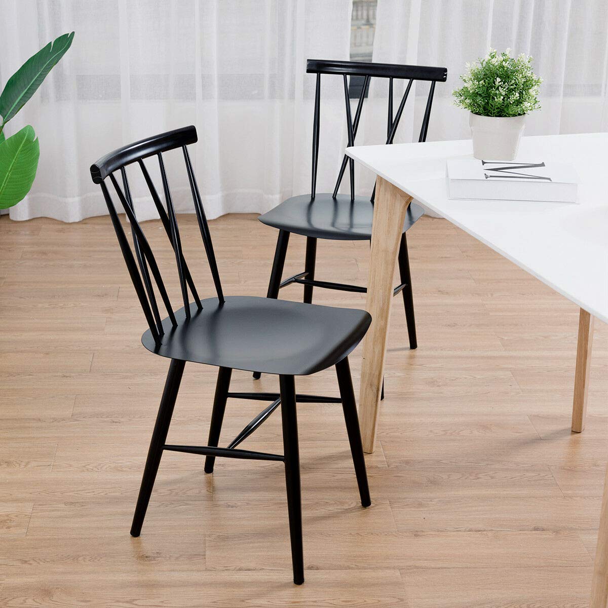 COSTWAY Dining Chair Set of 2, Farmhouse Windsor Chairs Dining Room Chairs with Spindle Back and Sturdy Metal Construction, Kitchen Side Chairs for Living Room Restaurant, Black (Height 17'') COSTWAY