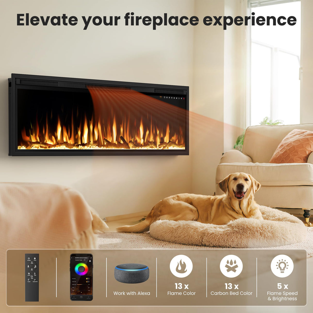 Smart 60" WiFi-Enabled Electric Fireplace Heater, Recessed in-Wall and Wall-Mounted Linear Fireplace,Compatible with Alexa,13 Adjustable Flame Color and 5 Brightness,1500/750 Watt Heater,Black Alpaca