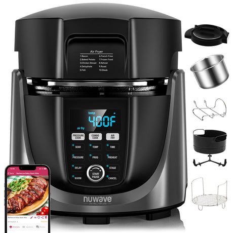 Nuwave Duet Air Fryer and Electric Pressure Cooker Combo with 2 Switchable Lids, 300 FoolProof One-Touch Presets, Crisp&Tender Tech, 6QT Heavy-duty Stainless Steel Pot, 15+ Safety Features Nuwave