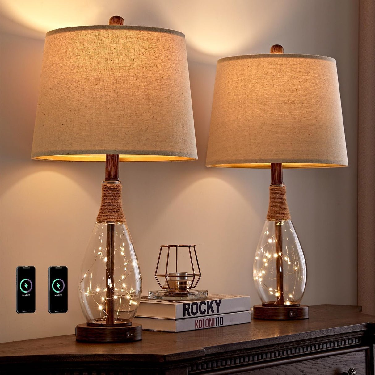 OYEARS 23" USB A+C Table Lamp Sets of 2 Modern Bedside Lamps Retro Farmhouse Rattan Glass Nightstand Nightlight Lamps for Bedroom Living Room Dorm OYEARS