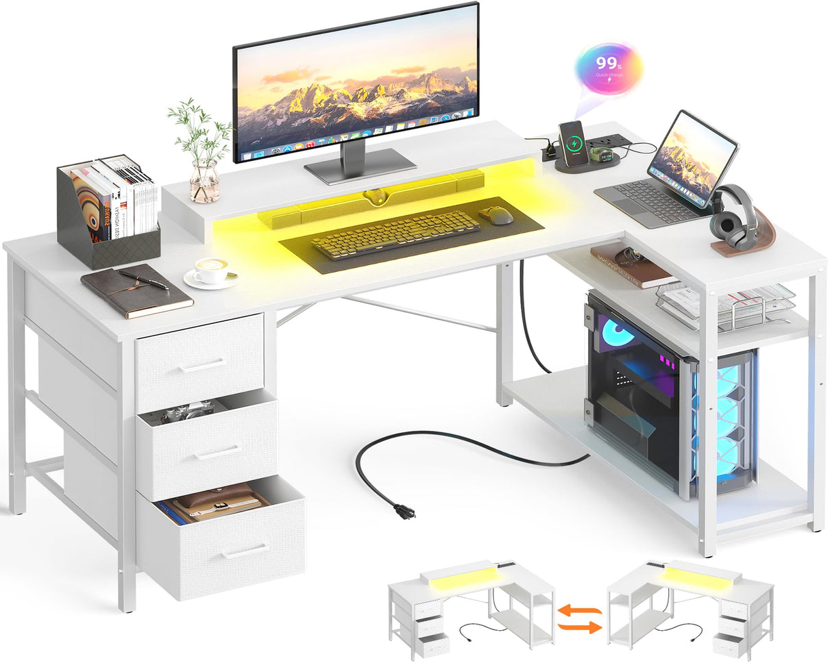 Aheaplus 53 Inch Gaming Desk with Power Outlets & LED Lights, Reversible L Shaped Computer Desk with 3 Drawers & Monitor Stand, Home Office Desk Corner Gamer Desk with Storage Shelves, White Aheaplus