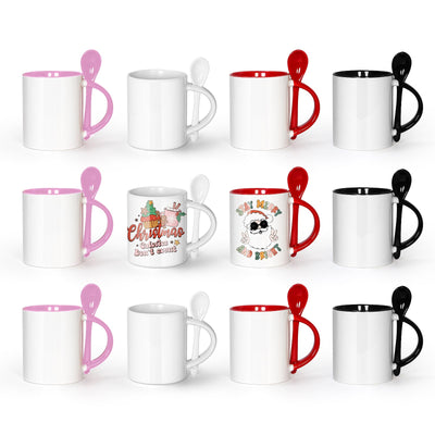 AGH Sublimation Coffee Mugs Blank 11 oz, White Straight Ceramic Cups with Pink Black White Red Interior, Handle, Spoon, Bulk Bundle Set of 12