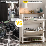 Halitaa Shoe Cabinet with 2 Flip Drawers, 5 Tier Farmhouse Shoe Storage Cabinet for Entryway, Narrow Slim Shoe Cabinet, Rustic White Freestanding Hidden Wooden Shoe Rack Cabinets Halitaa