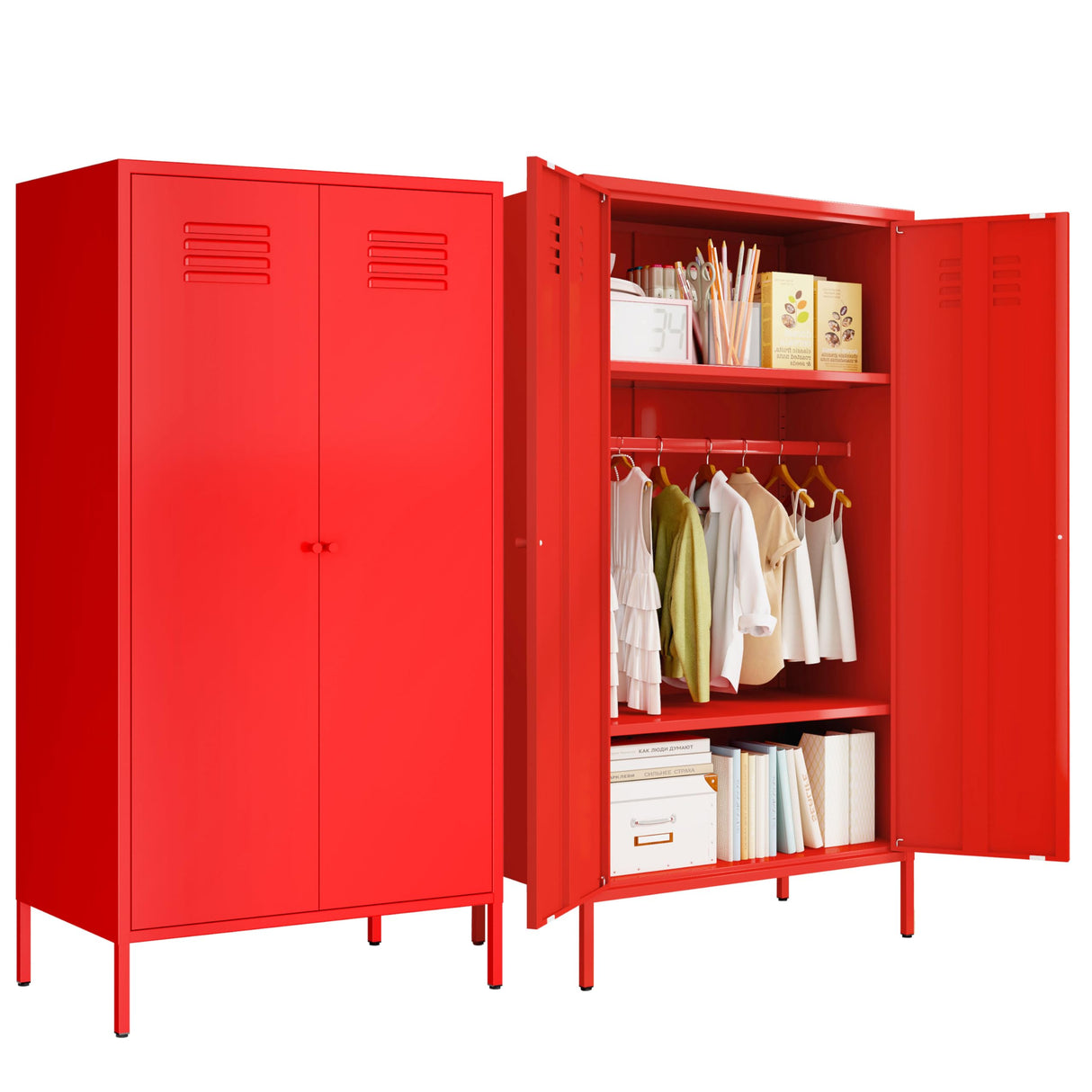 SunLinkSan Metal Storage Cabinet with Doors and Adjustable Shelves, Organization Locker, Farmhouse Kitchen Pantry for Cupboard, Bedroom, Dining, Living, Bathroom, Office, Garage Room (Wardrobe, Red) SunLinkSan