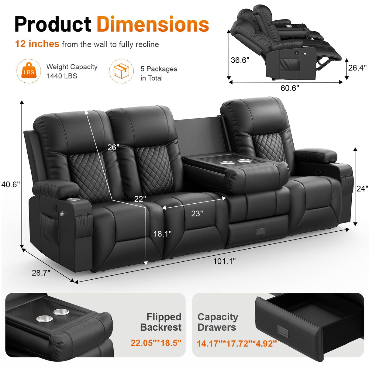 FURNIMAT Recliner Sofa, 4 Seater Dual Reclining Sofa with Flip Back Console, Modern PU Leather Recliner Couch for Living Room/RV, with Storage Drawer, USB Ports, Cup Holder, Cell Phone Holder, Black FURNIMAT