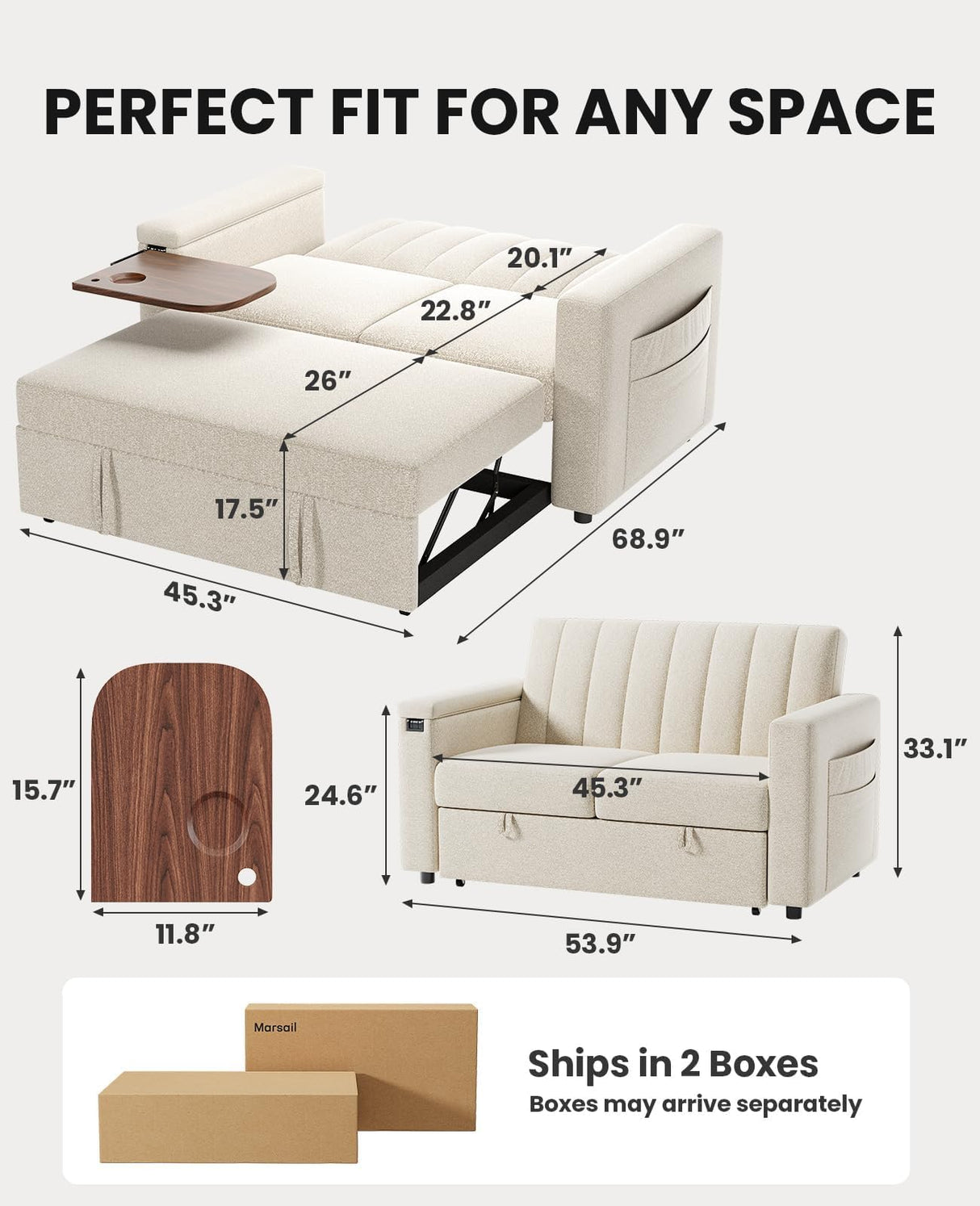 Marsail 3-in-1 Convertible Sofa Bed, 54" Sleeper Sofa with Solid Wood Side Table & Frame, Pull-Out Couch with USB Ports & Side Pockets, Loveseat Sofa with Adjustable Backrest, White Marsail
