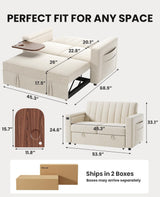 Marsail 3-in-1 Convertible Sofa Bed, 54" Sleeper Sofa with Solid Wood Side Table & Frame, Pull-Out Couch with USB Ports & Side Pockets, Loveseat Sofa with Adjustable Backrest, White Marsail