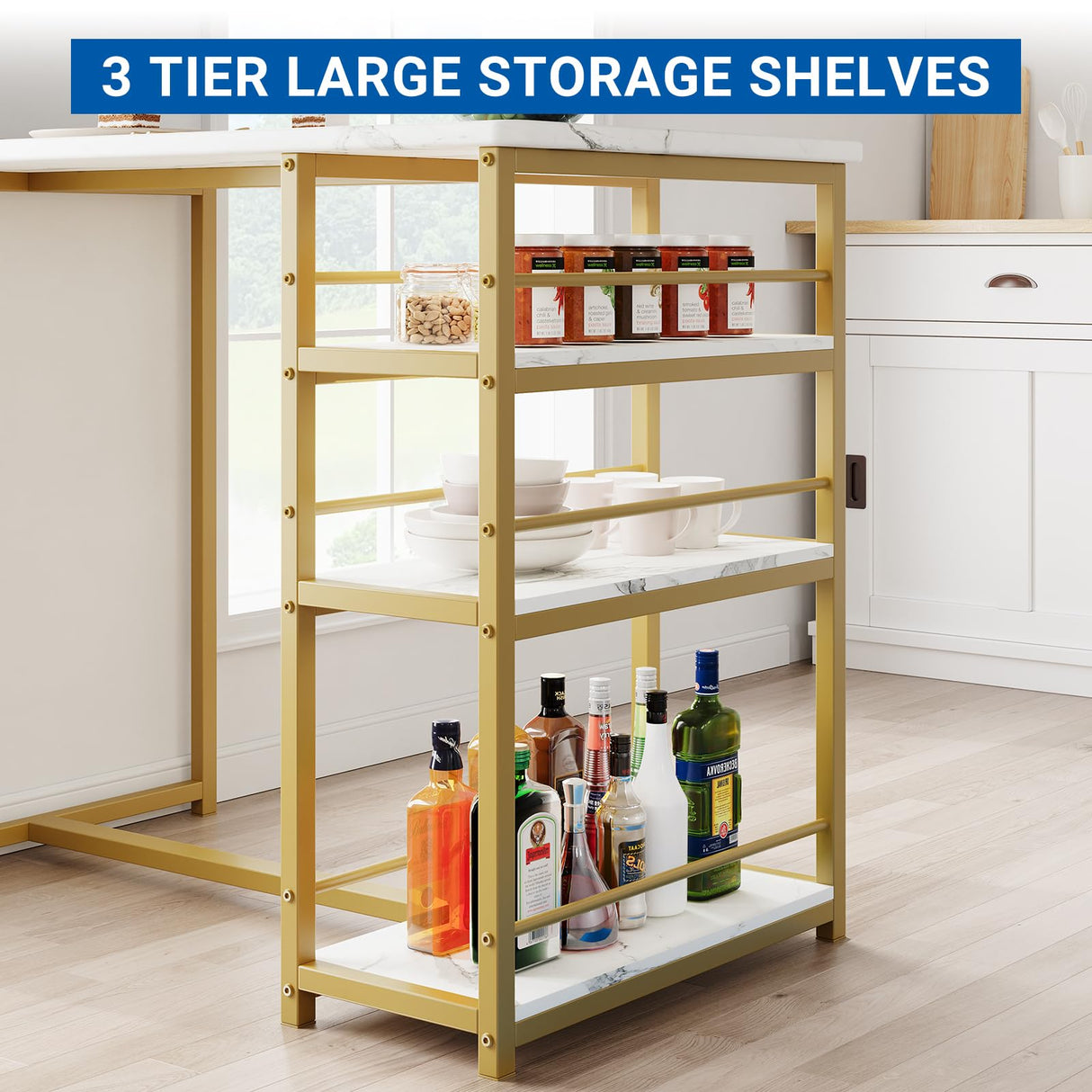 GarveeHome Dining Table Set for 2, Counter Height Kitchen Table with 2 Upholstered Bar Stools, Dining Table and Chairs Set with Storage Shelves, for Small Space, Apartment, Gold-Gray-White GarveeHome