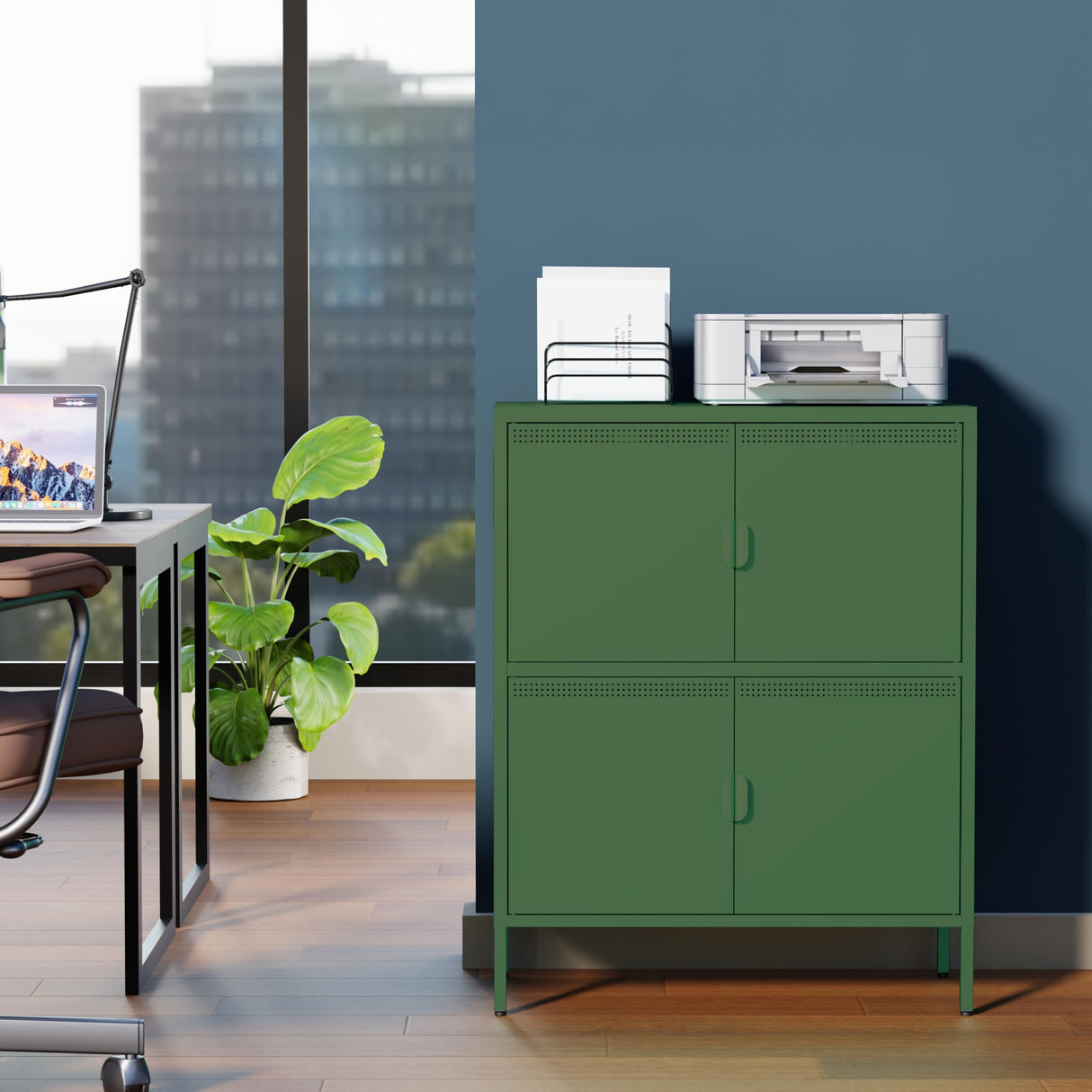 Bevivog Green Metal Locker Cabinet with 4 Doors, Metal Accent Cabinets Home Office Storage Lockers Sideboard for Kitchen Living Room Hallway Entryway Bevivog